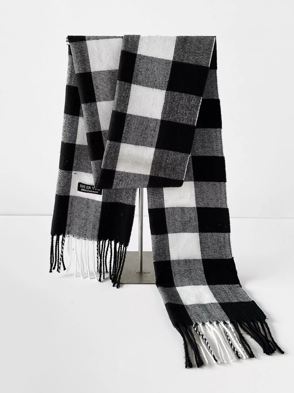 Classic Black Buffalo Check Plaid Fringe Scarf