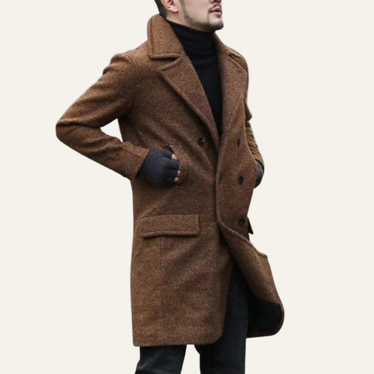 Classic Men's Wool Pea Long Warm Overcoat
