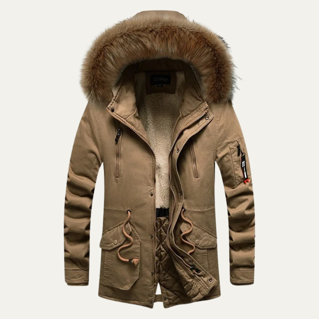 Warm Men's Down Parka Jacket with Faux Fur Hood
