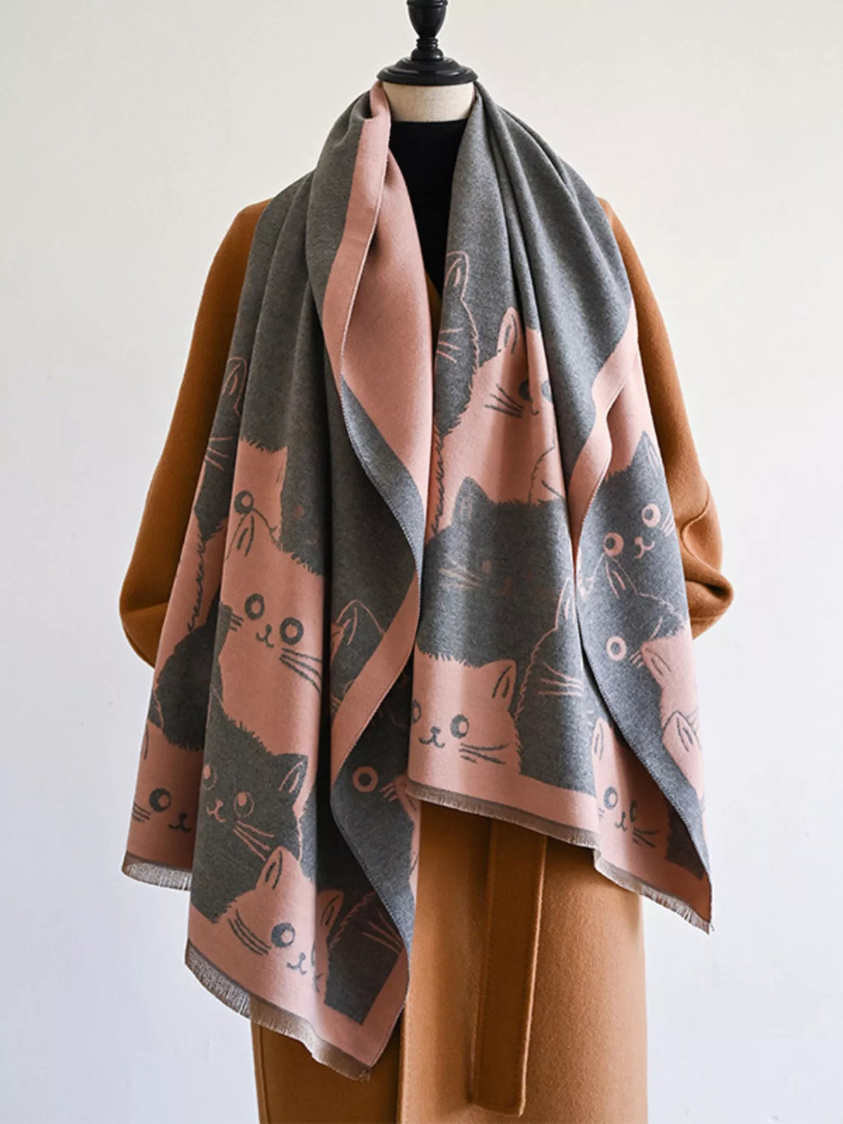 Cute Cat Pattern Knitted Wide Scarf with Contrast Border