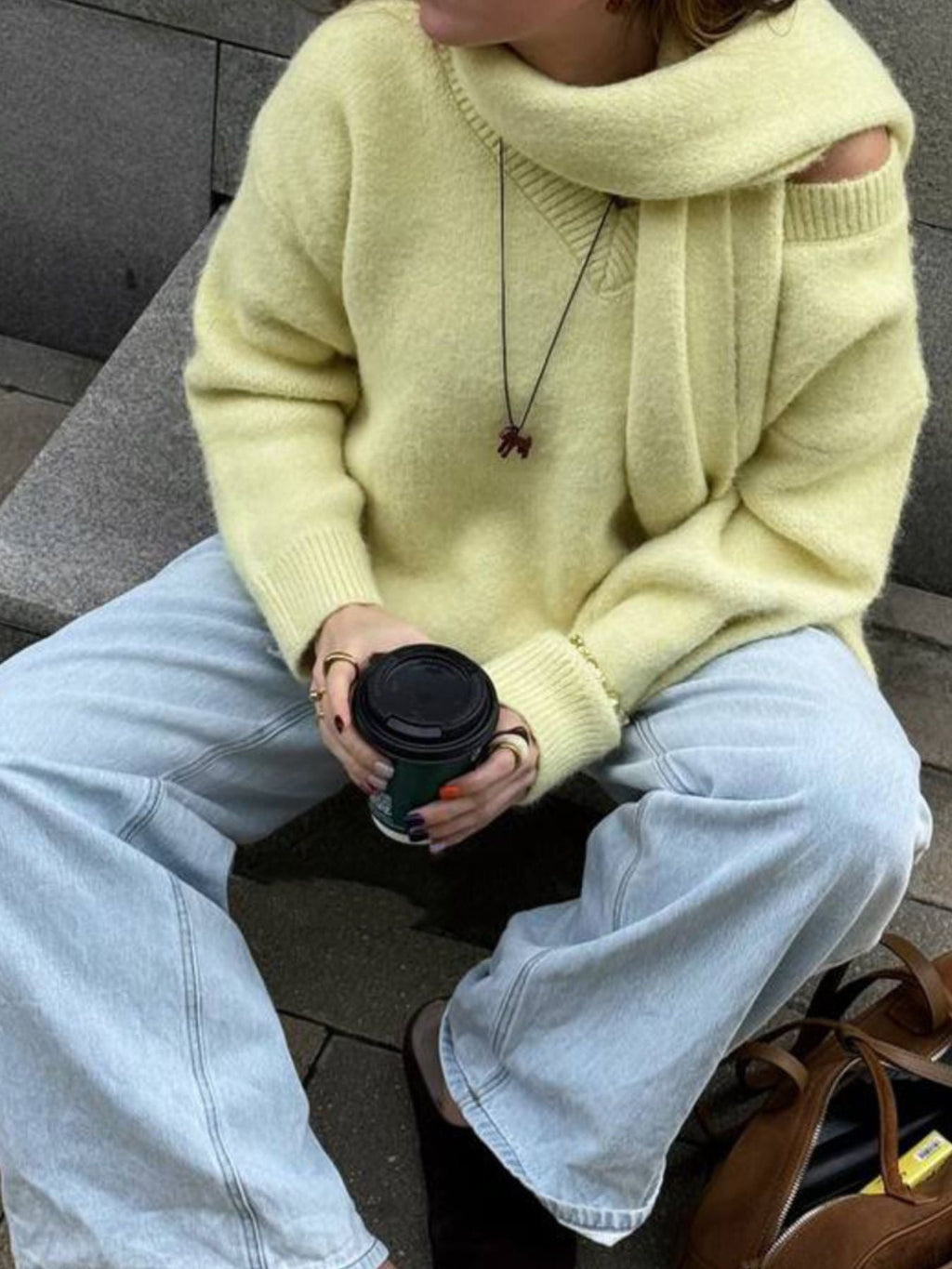 Oversized V Neck Dropped Shoulder Sweater with Scarf