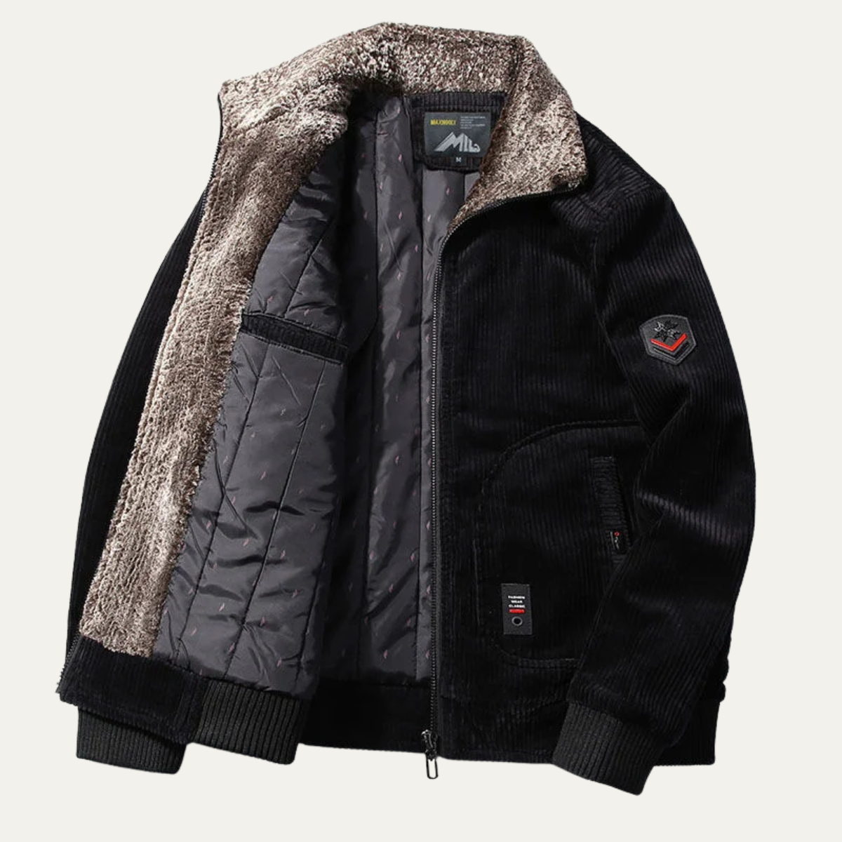 Warm Men's Quilted Fleece Jacket with Fur Trim Coat