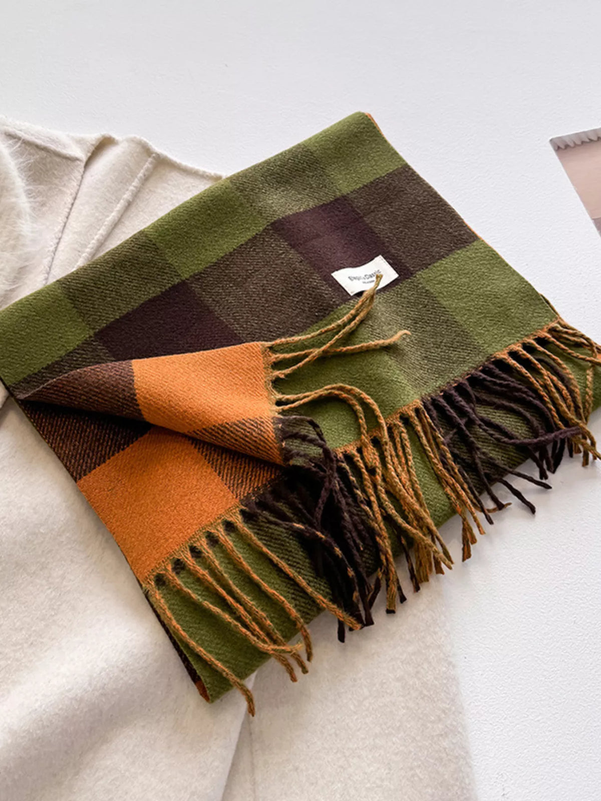 Color Block Plaid Fringe Blanket Scarf