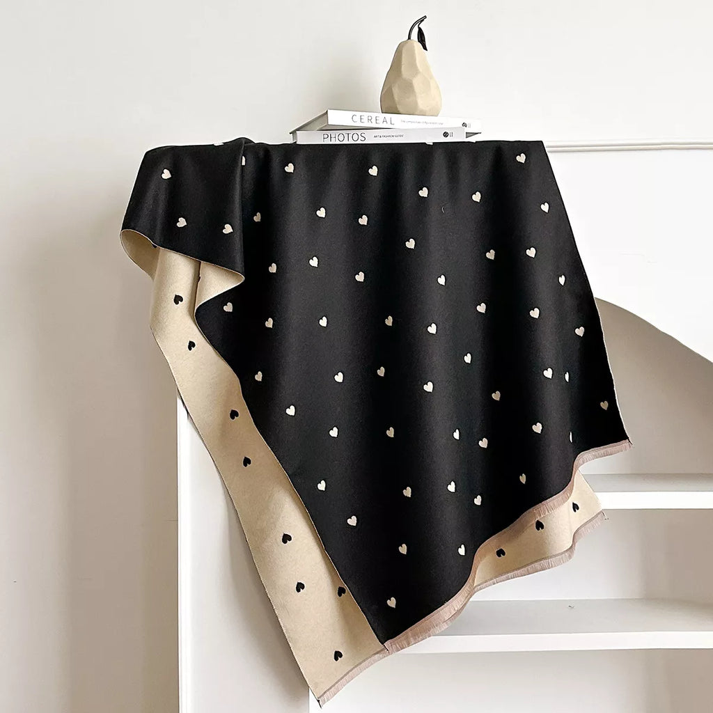 Heart Patterned Raw Hem Winter Scarf