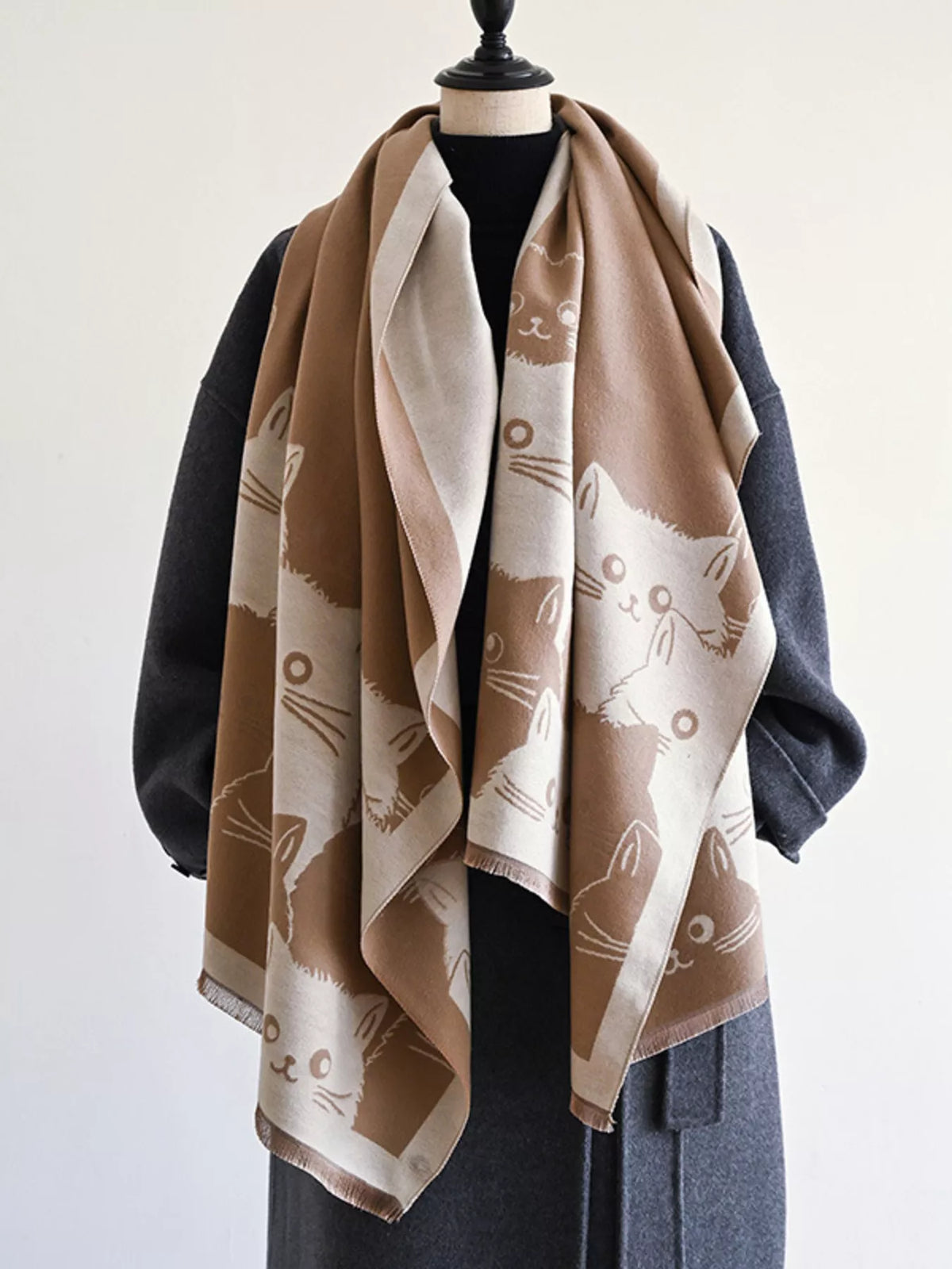 Cute Cat Pattern Knitted Wide Scarf with Contrast Border