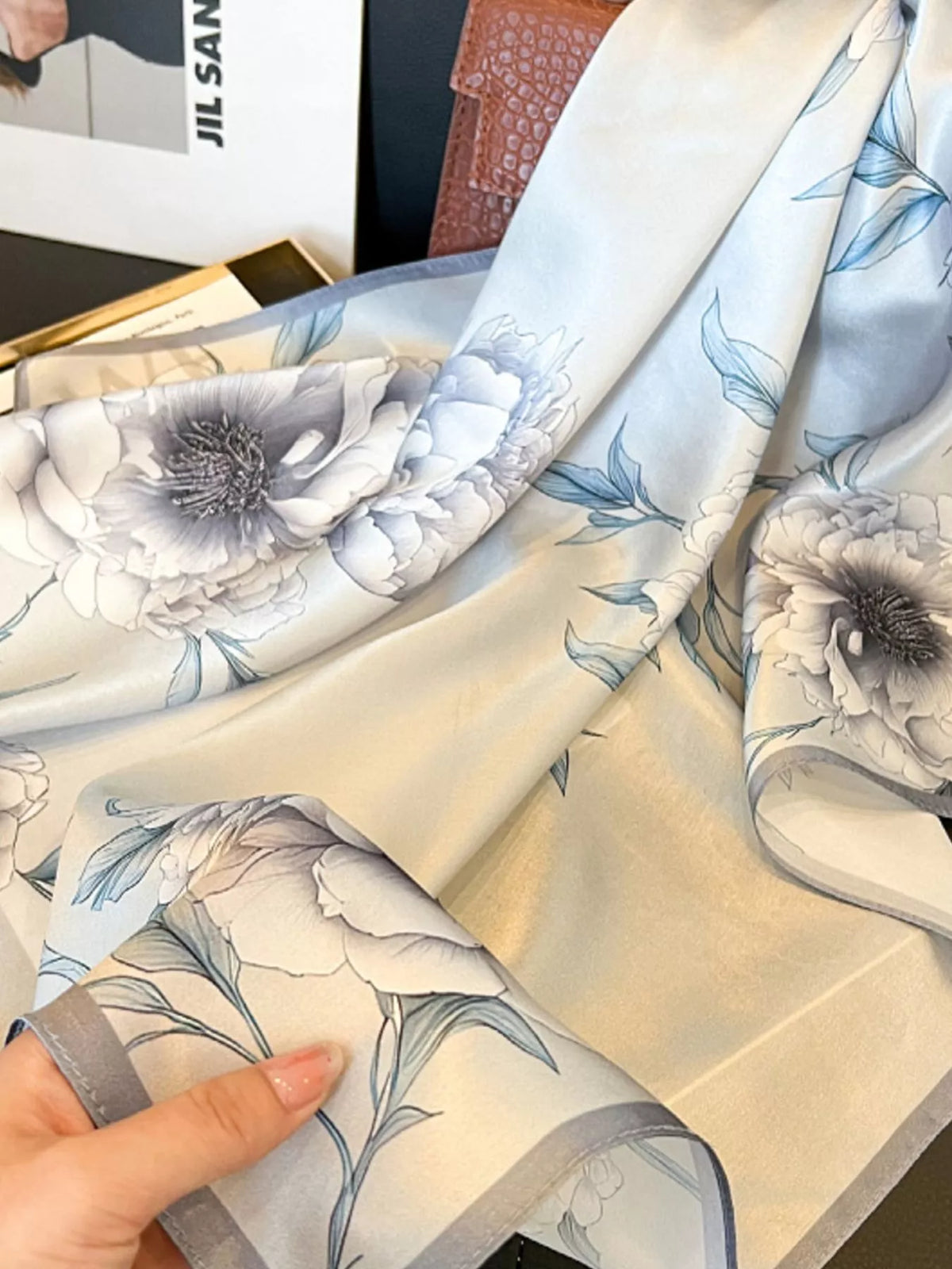 Light Gray Floral Print Silk Square Scarf