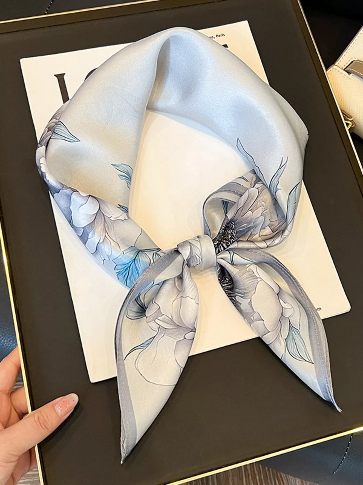 Light Gray Floral Print Silk Square Scarf