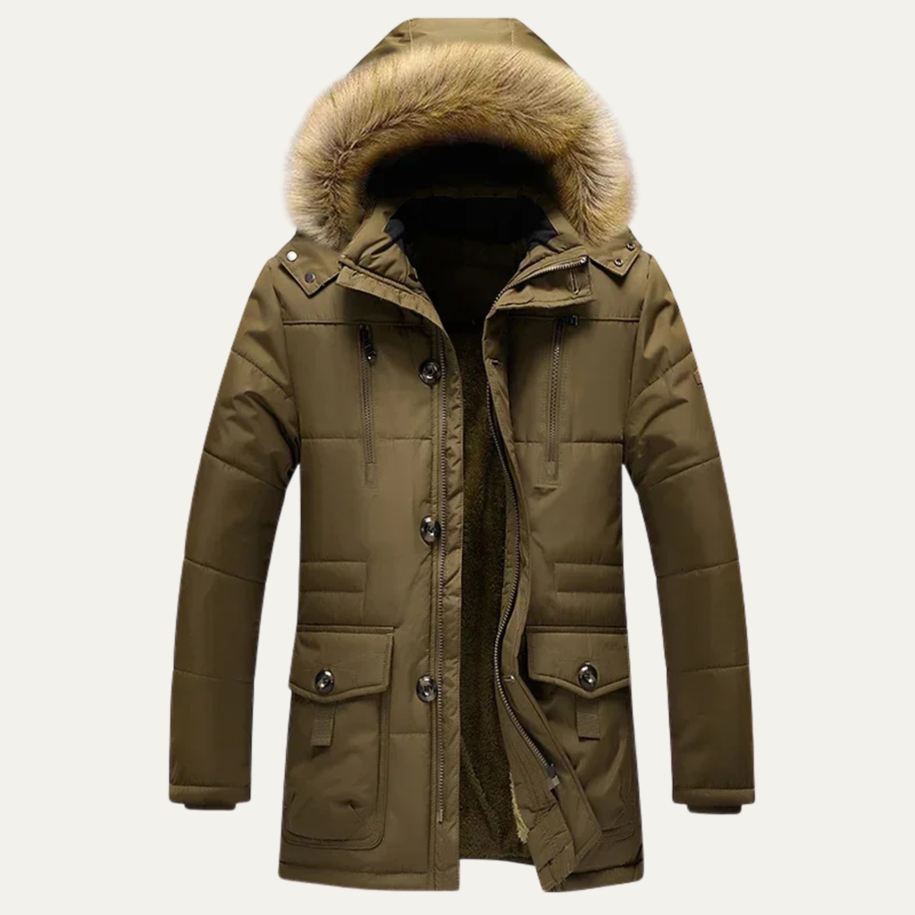 Warm Mens Parka Coat with Faux Fur Hood