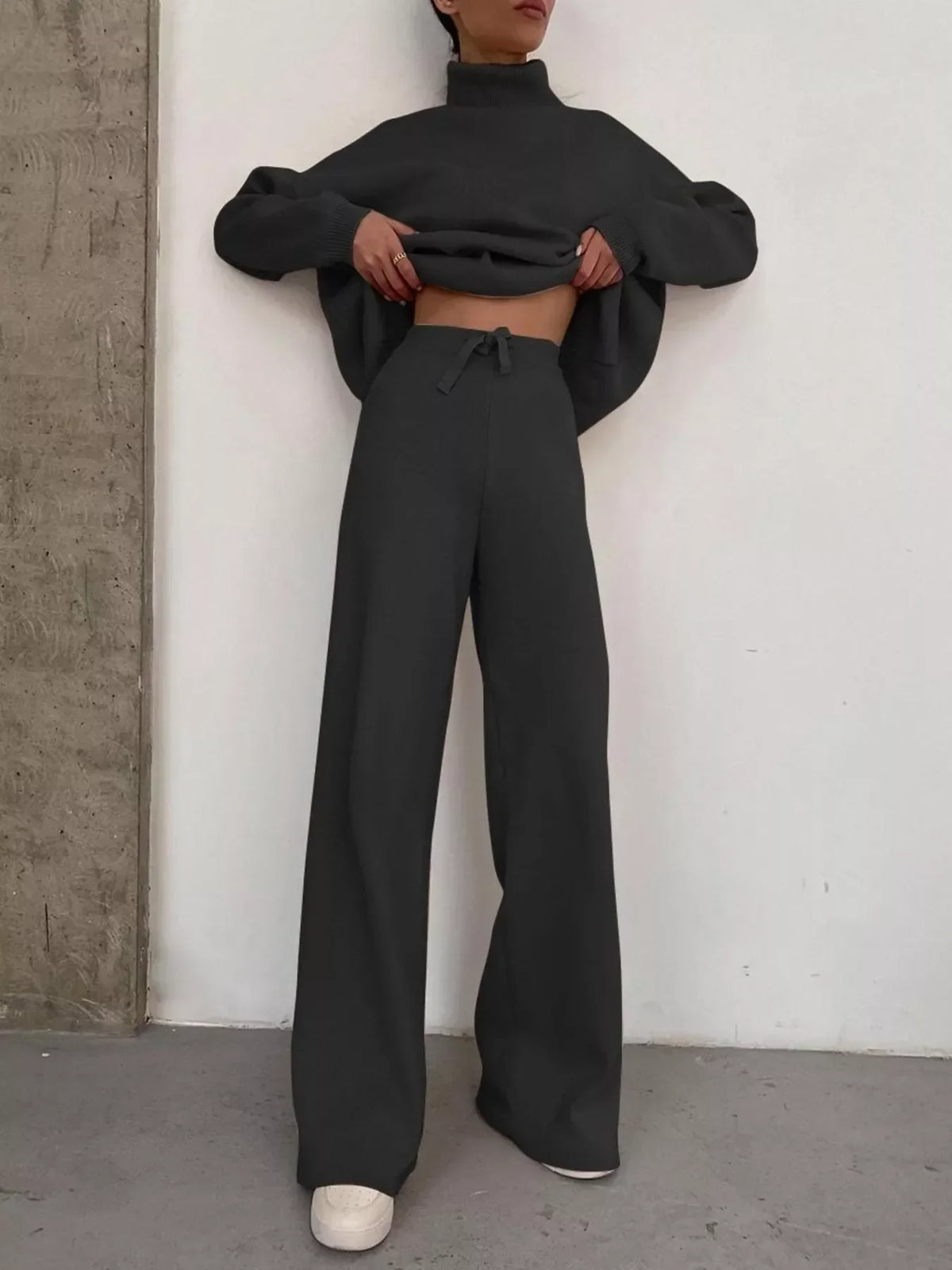 Turtleneck Long Sleeve Top and Pants Sweater Set Plus Size