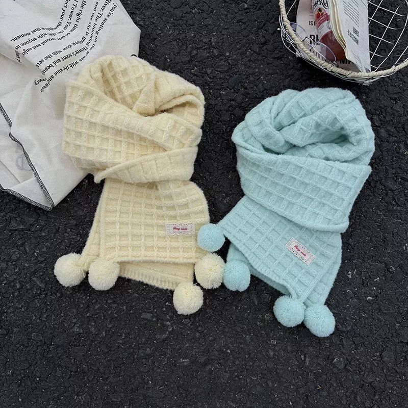 Soft Waffle Knit Pom-Pom Scarf with Label Patch