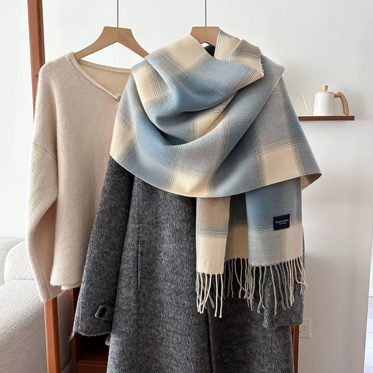 Pastel Color Block Plaid Fringe Scarf
