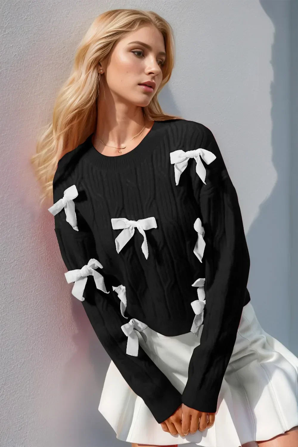 Bow Cable Knit Round Neck Sweater