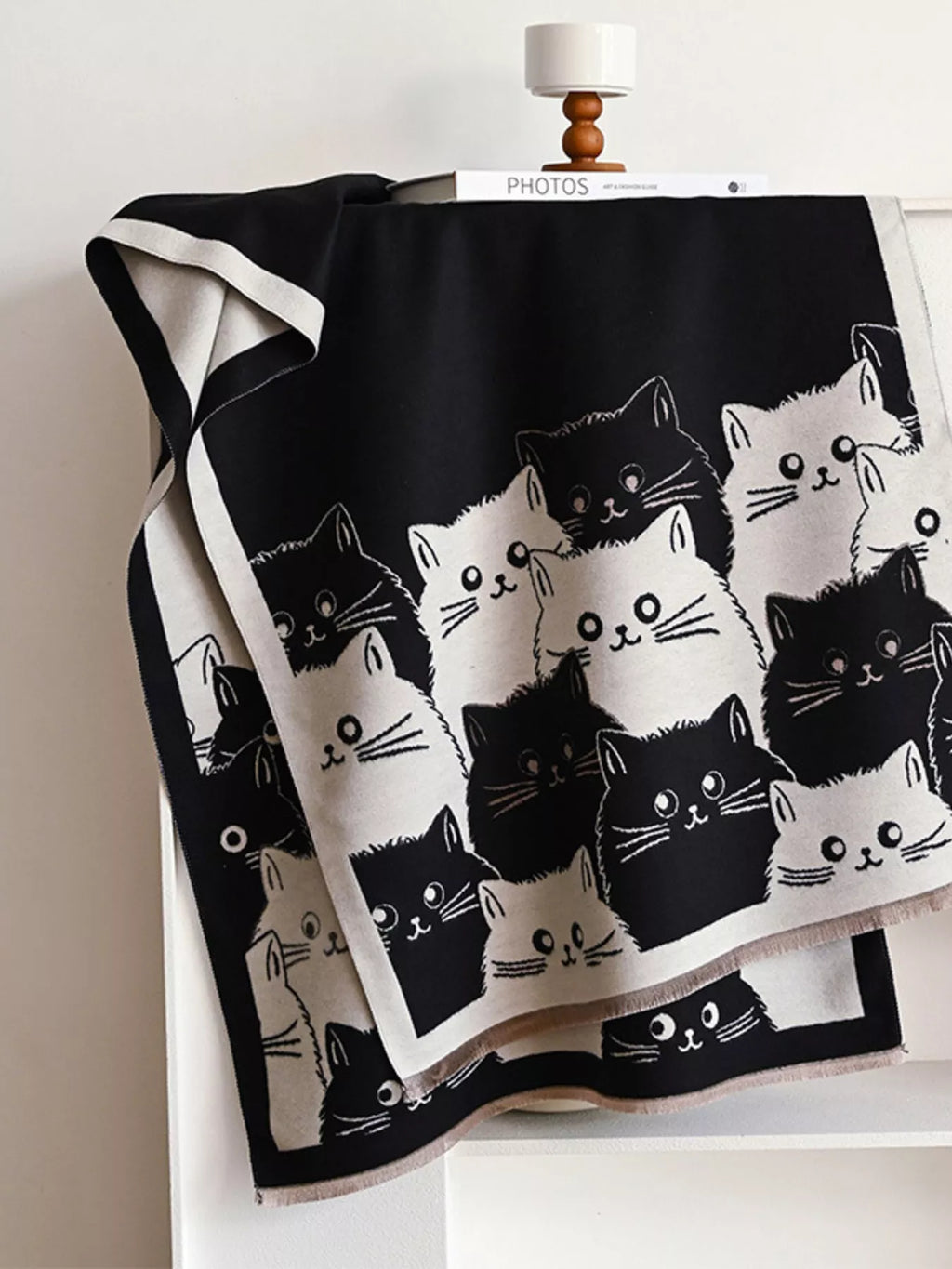 Cute Cat Pattern Knitted Wide Scarf with Contrast Border