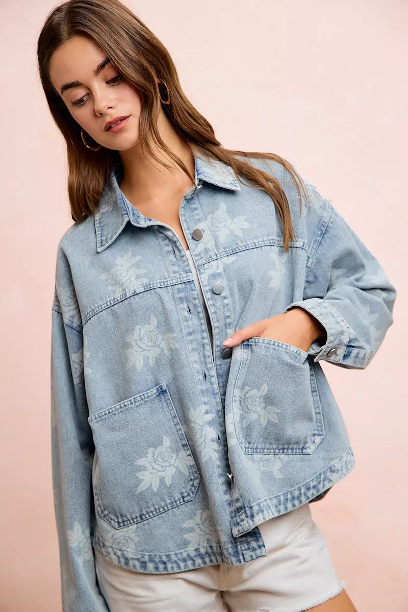 Floral Print Washed Denim Jacket