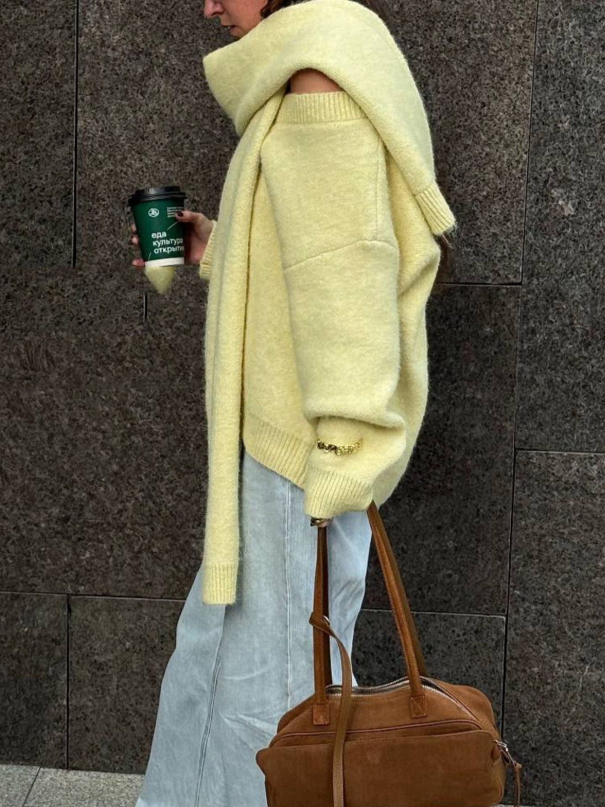 Oversized V Neck Dropped Shoulder Sweater with Scarf