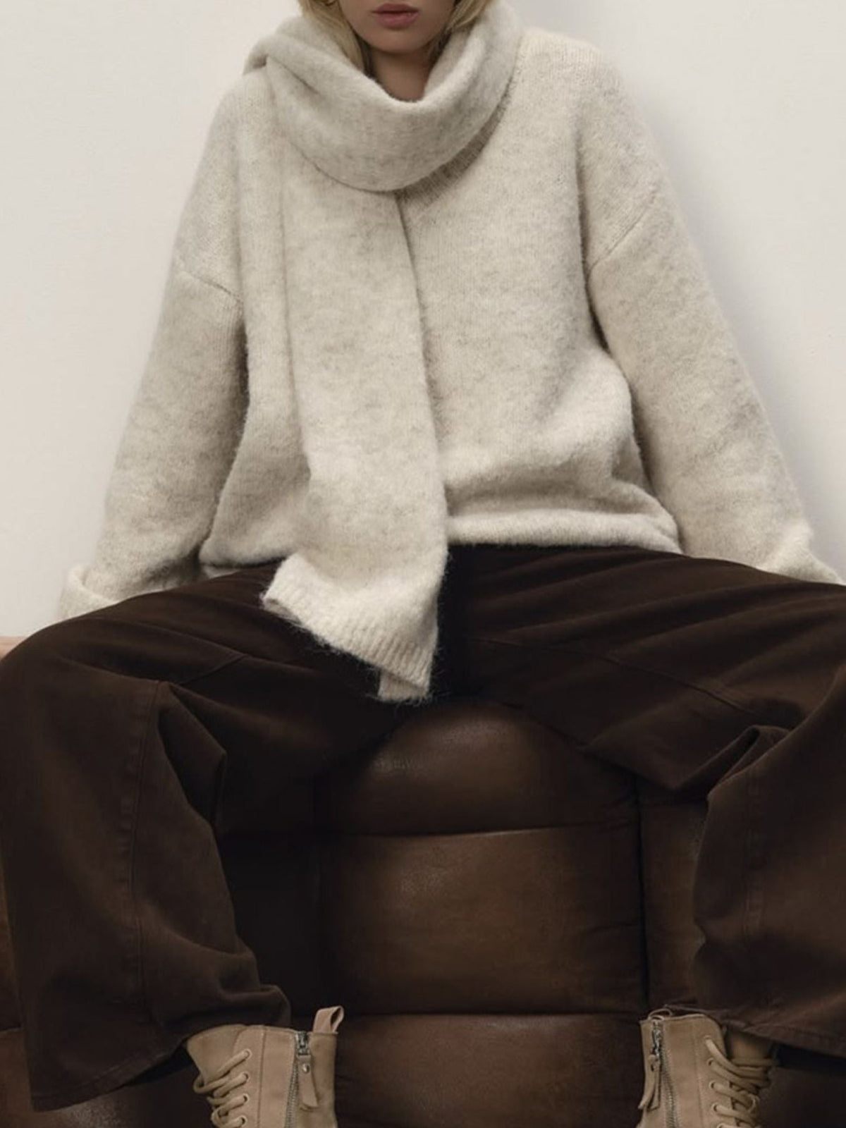 Oversized V Neck Dropped Shoulder Sweater with Scarf