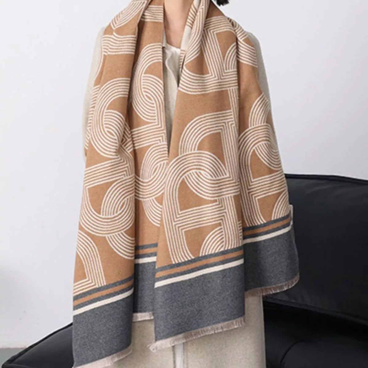 Geometric Pattern Raw Hem Cotton Scarf