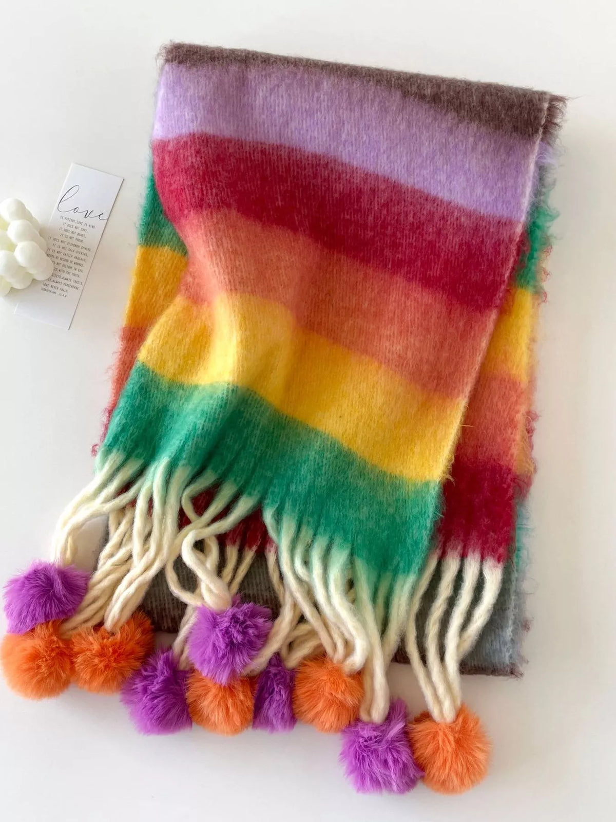 Rainbow Striped Fuzzy Pom Pom Scarf