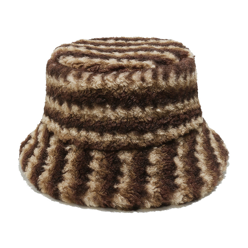 Cozy Lamb Hair Plush Fisherman Hat - Gradient Stripes