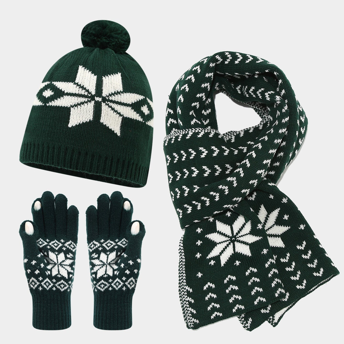 Cozy Snowflake Knit Hat, Scarf & Glove Set