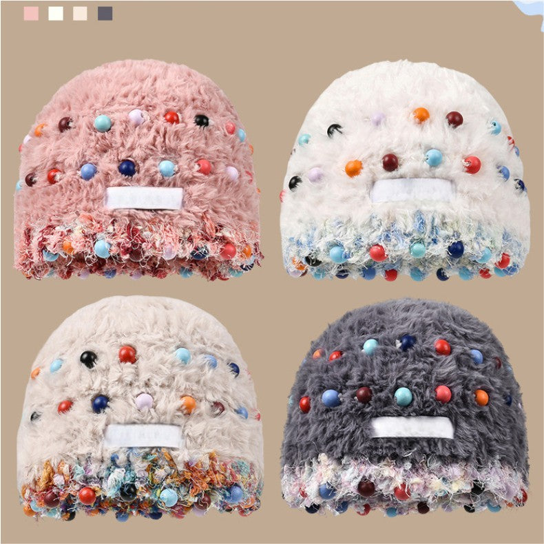 Fuzzy Knitted Beanie with Colorful Beads - Face-Flattering Winter Hat - Unisex Cute Headwrap Cap