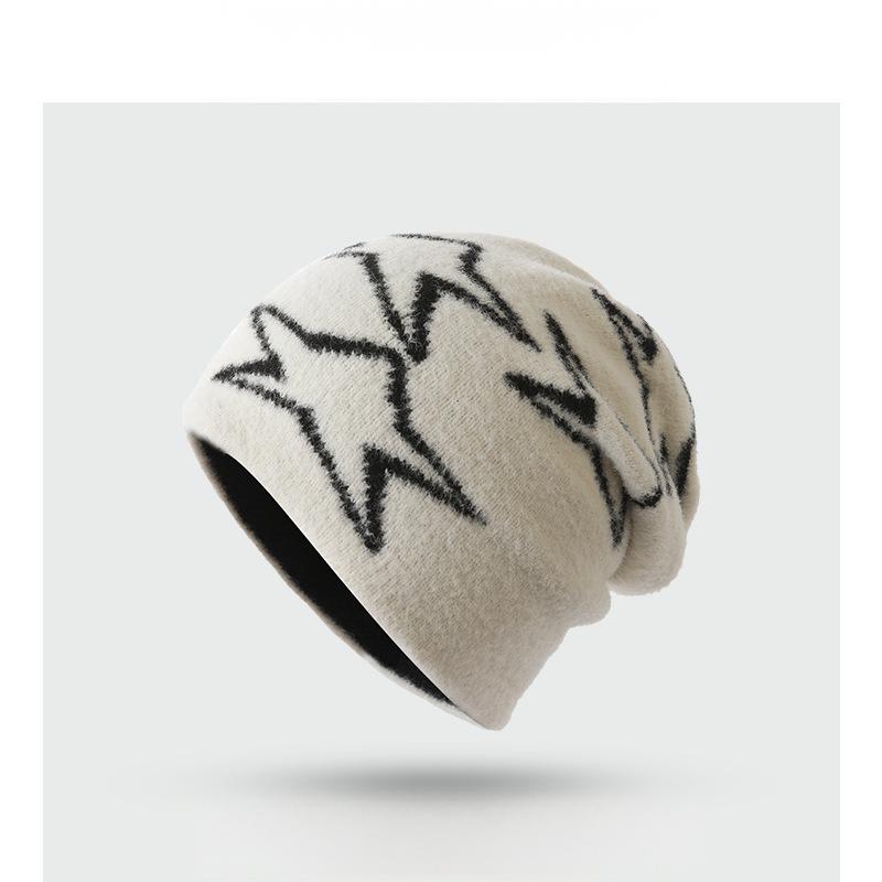 Double-Sided Fleece Knitted Beanie - Star Jacquard Warm Ear-Flap Cap - Unisex Casual Slouchy Hat