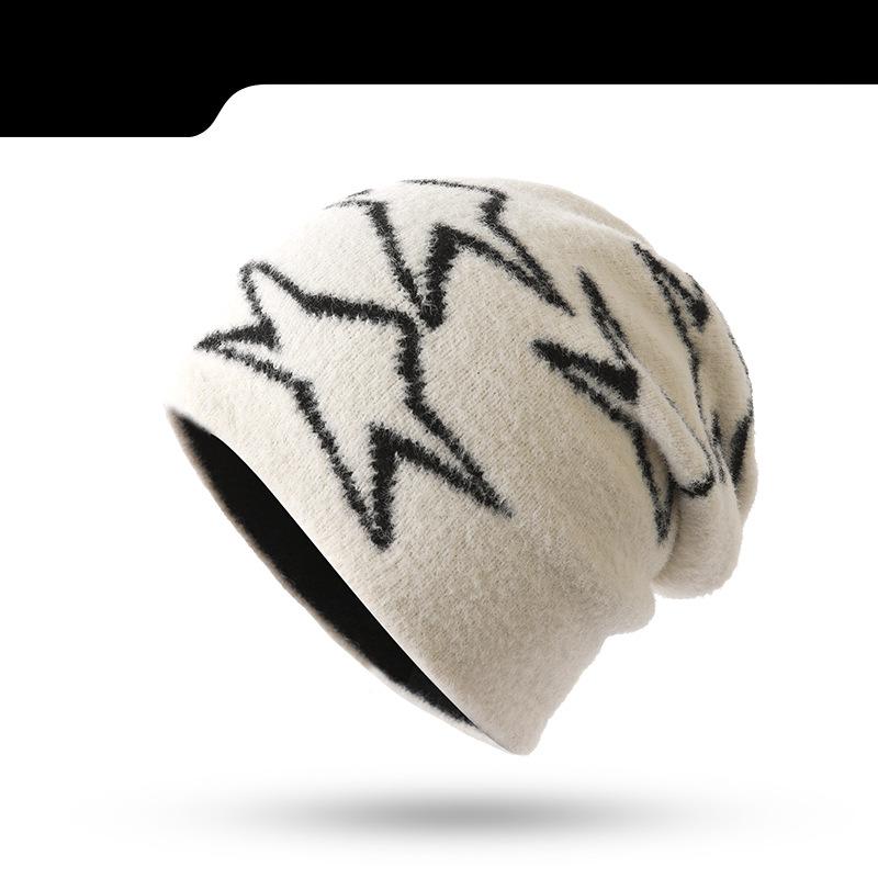 Double-Sided Fleece Knitted Beanie - Star Jacquard Warm Ear-Flap Cap - Unisex Casual Slouchy Hat