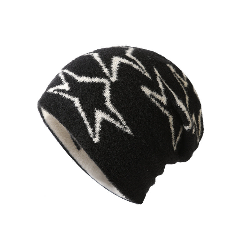 Double-Sided Fleece Knitted Beanie - Star Jacquard Warm Ear-Flap Cap - Unisex Casual Slouchy Hat