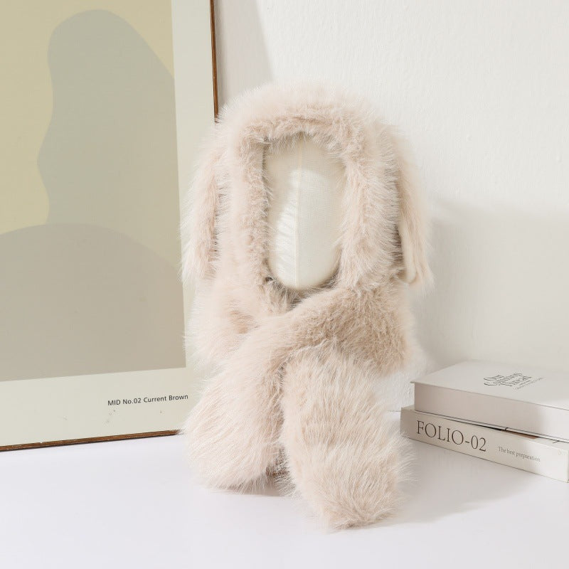 Faux Fur Scarf-Integrated Bunny Ear Trapper Hat - Winter Outdoor Cold-Proof Warm Ear-Flapped Beanie - Unisex Slouchy Headwear