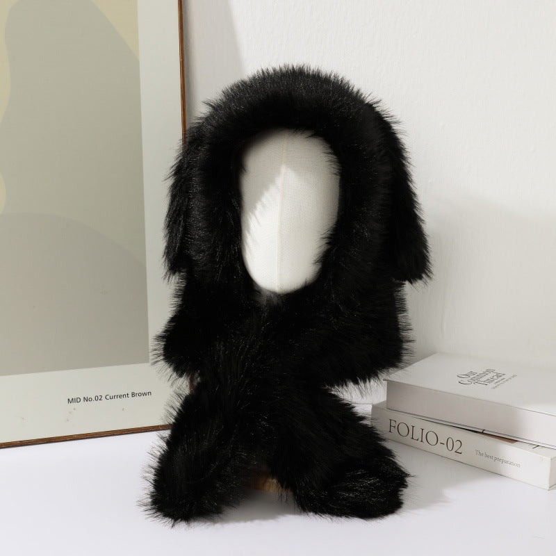 Faux Fur Scarf-Integrated Bunny Ear Trapper Hat - Winter Outdoor Cold-Proof Warm Ear-Flapped Beanie - Unisex Slouchy Headwear