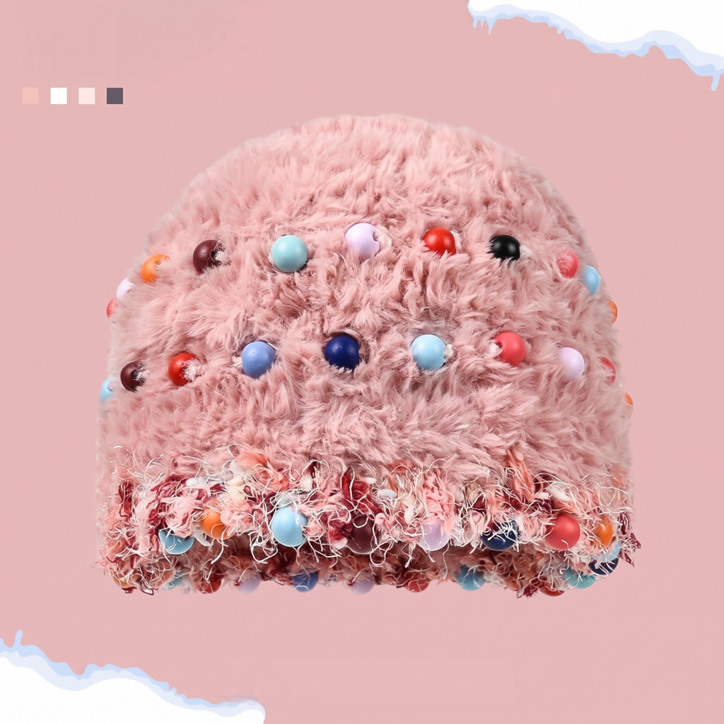 Fuzzy Knitted Beanie with Colorful Beads - Face-Flattering Winter Hat - Unisex Cute Headwrap Cap