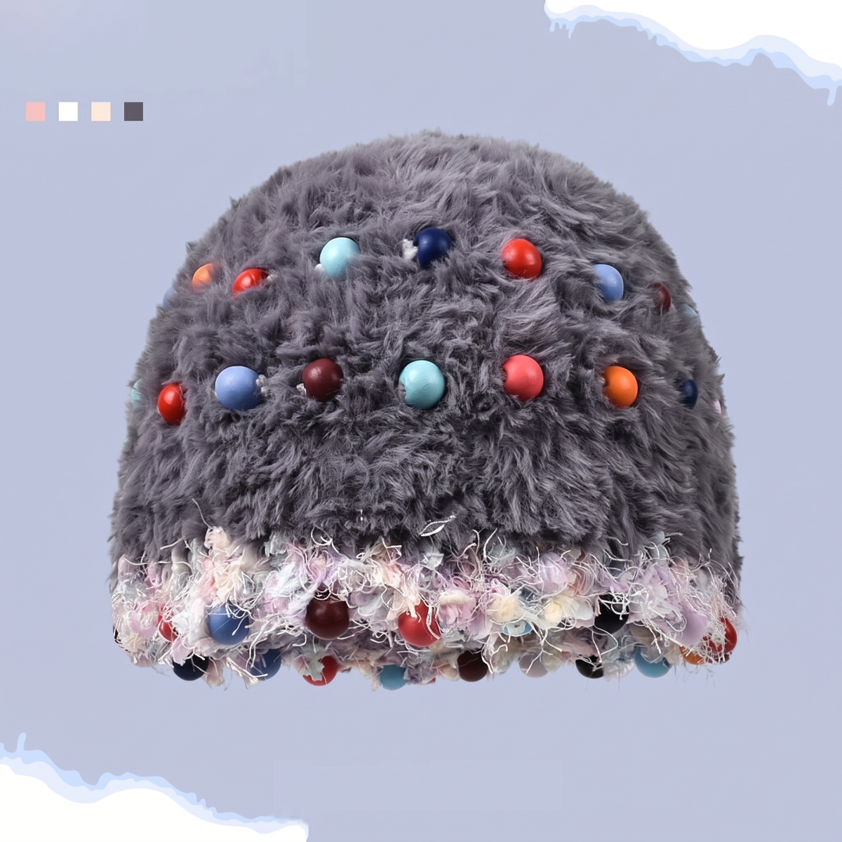 Fuzzy Knitted Beanie with Colorful Beads - Face-Flattering Winter Hat - Unisex Cute Headwrap Cap