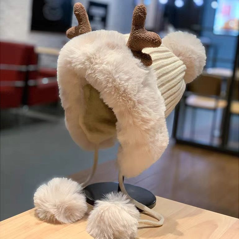 Women's Retro Christmas Knit Beanie - Cute Antler & Pom Pom, Fleece-Lined Ear Warmers for Winter Warmth