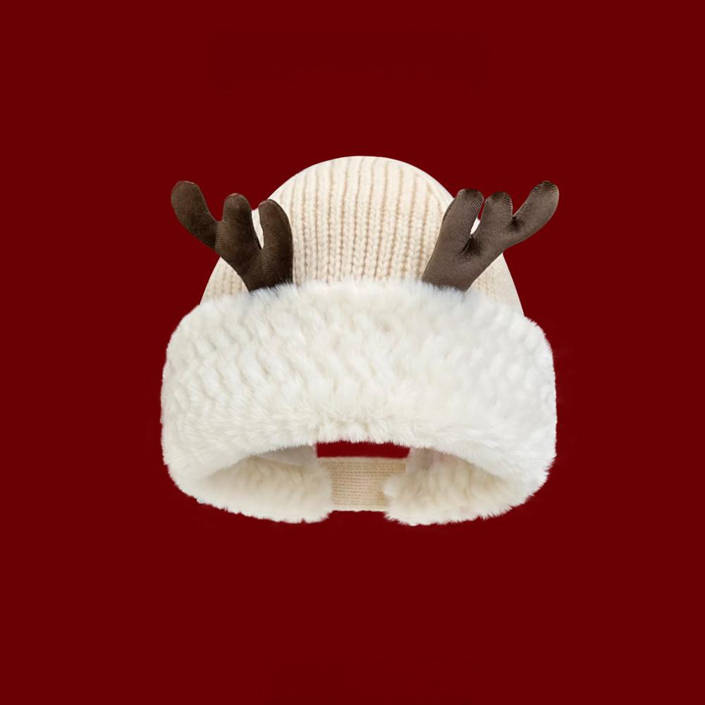 Winter Christmas Knit Beanie with Antlers - Faux Rabbit Fur, Wide Brim, Ear Warmers for Commute & Parties