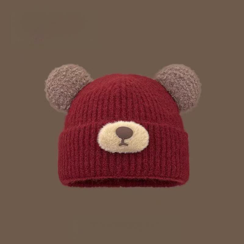 Women's Autumn Winter Knit Beanie with Bear Ears - Fleece Lined, Warm Close-Fit for Cold Days