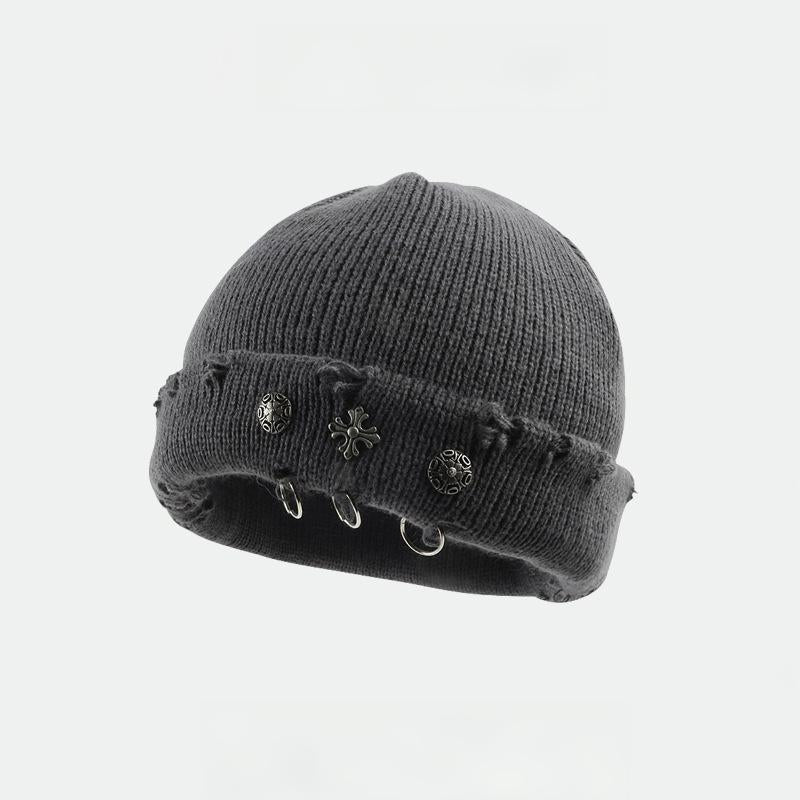 Vintage Cross Knit Beanie - Distressed Style, Punk Streetwear, Warm for Outdoor & Gatherings
