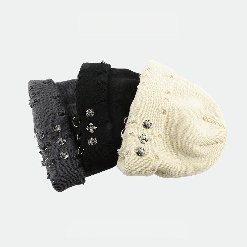 Vintage Cross Knit Beanie - Distressed Style, Punk Streetwear, Warm for Outdoor & Gatherings