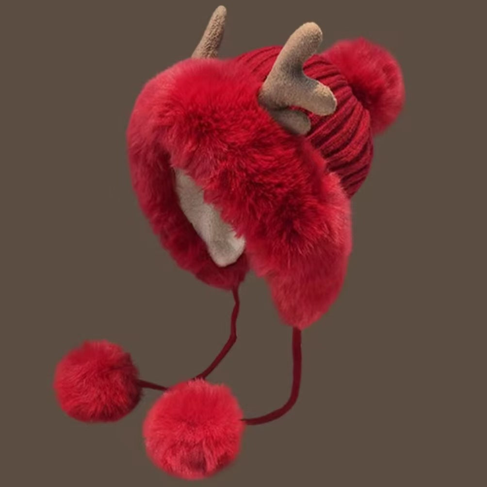 Women's Retro Christmas Knit Beanie - Cute Antler & Pom Pom, Fleece-Lined Ear Warmers for Winter Warmth