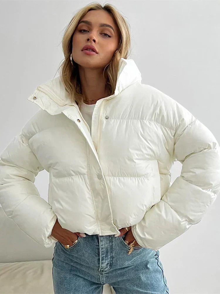 Women's Short Puffer Coat with Zip and High Neck