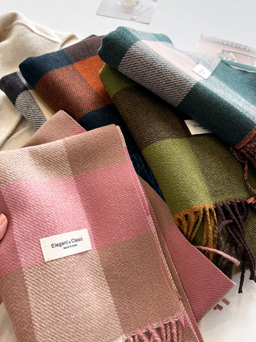 Color Block Plaid Fringe Blanket Scarf
