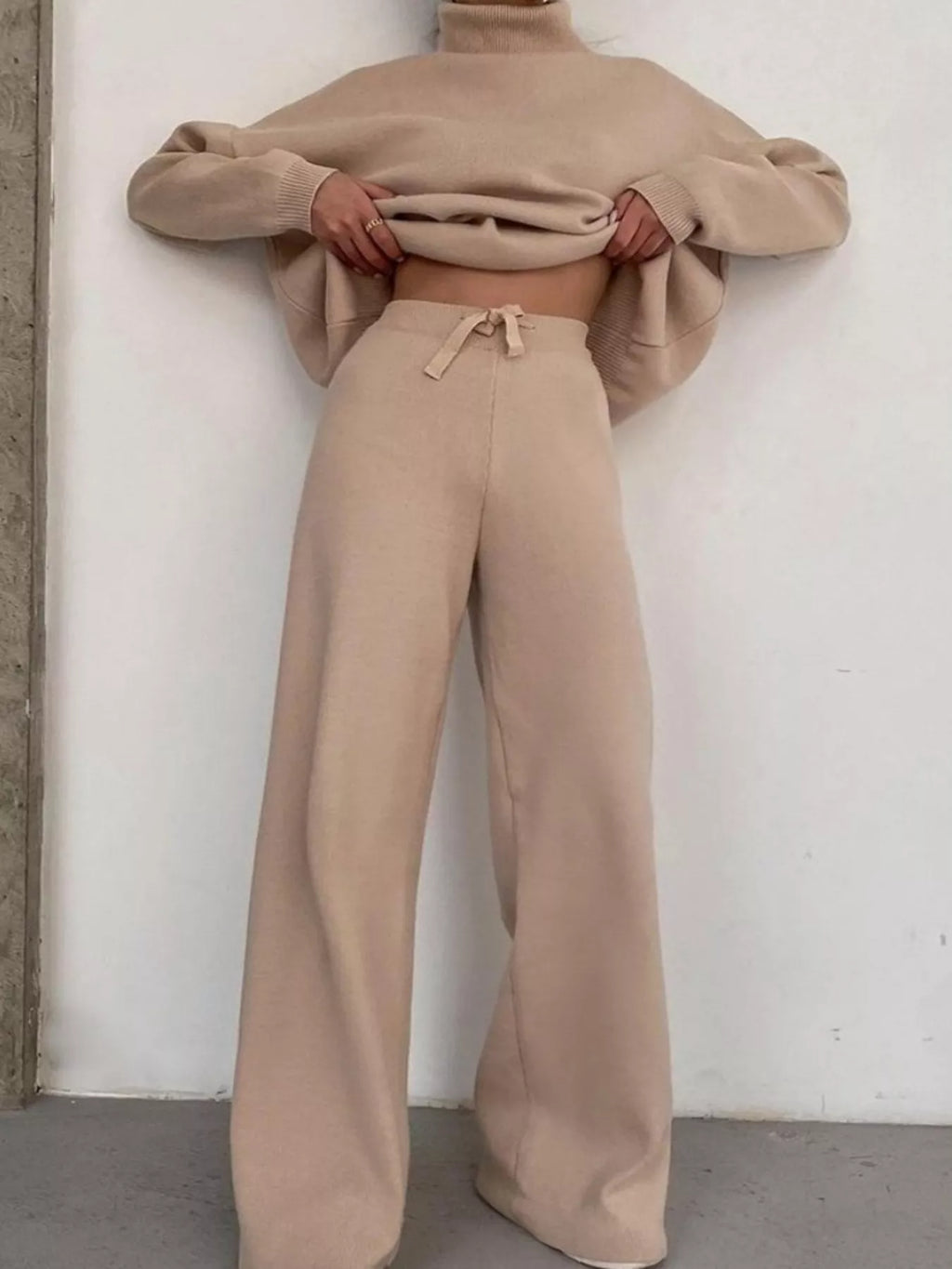Turtleneck Long Sleeve Top and Pants Sweater Set Plus Size