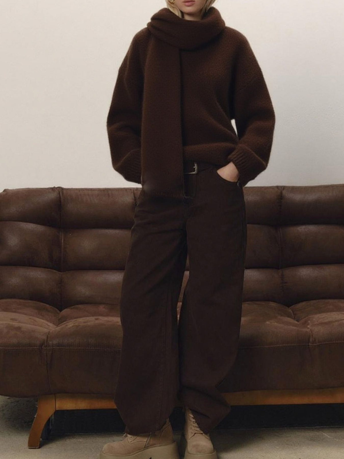 Oversized V Neck Dropped Shoulder Sweater with Scarf