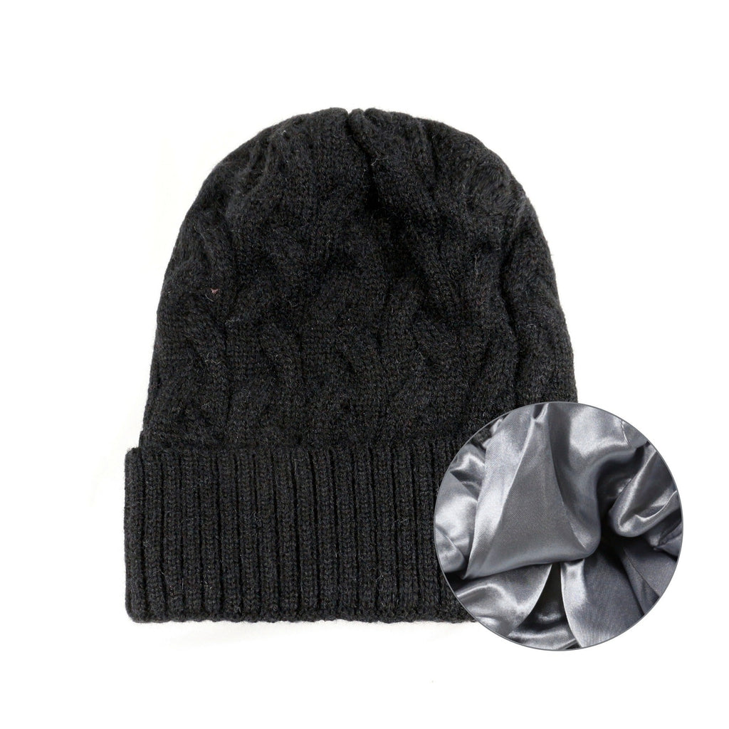 Cashmere Blend Cable Knit Beanie - Satin Lined