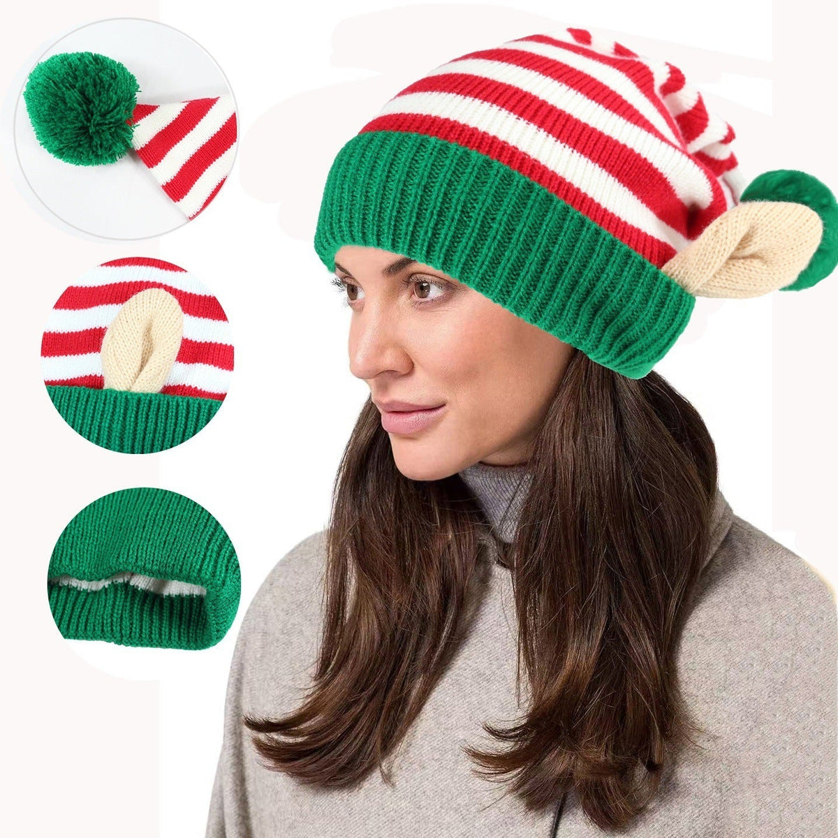 Cozy Striped Santa Hat with Ears & Pom-Pom