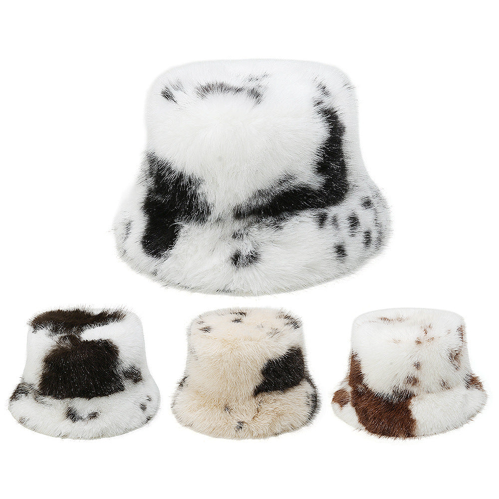 Cozy Cow Print Faux Fur Fisherman Hat