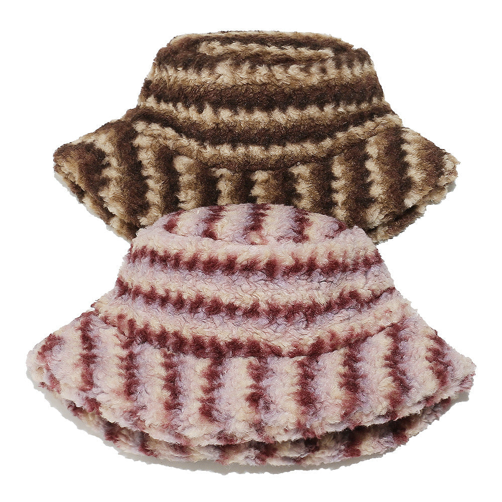 Cozy Lamb Hair Plush Fisherman Hat - Gradient Stripes