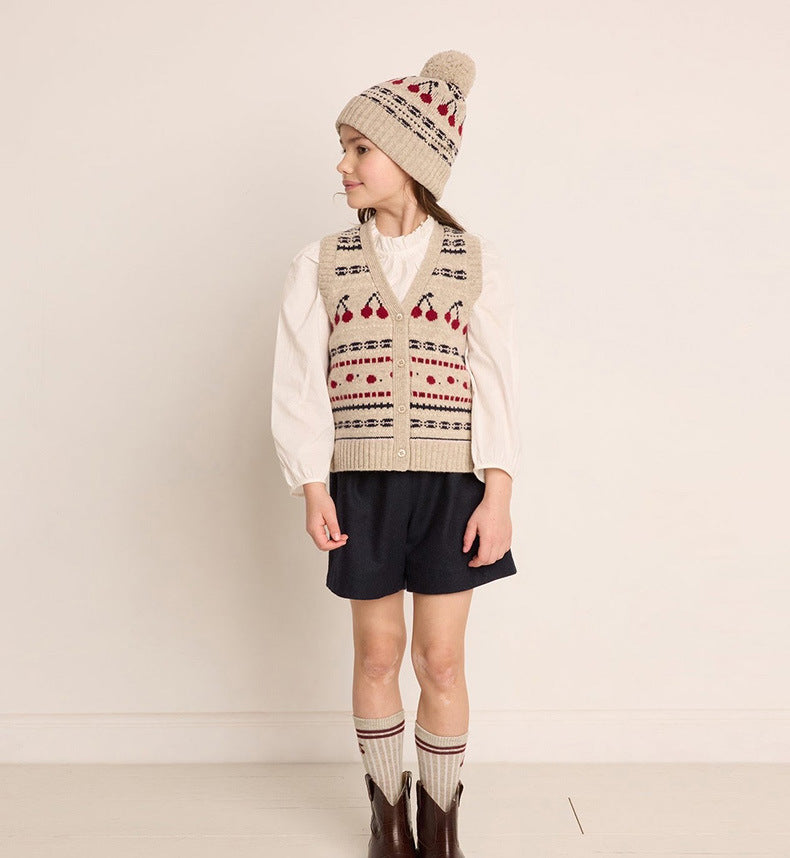 Girls' Cherry Wool Knit Hat - French Style