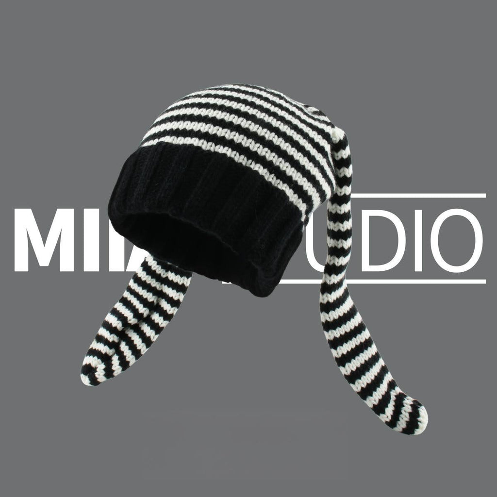 Bunny Ears Striped Knitted Beanie with Warm Ear Flaps - Playful Animal Hat - Y2K Street Fashion Cold Weather Cap