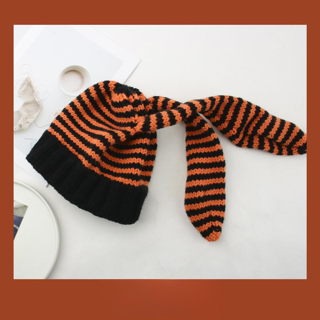 Bunny Ears Striped Knitted Beanie with Warm Ear Flaps - Playful Animal Hat - Y2K Street Fashion Cold Weather Cap