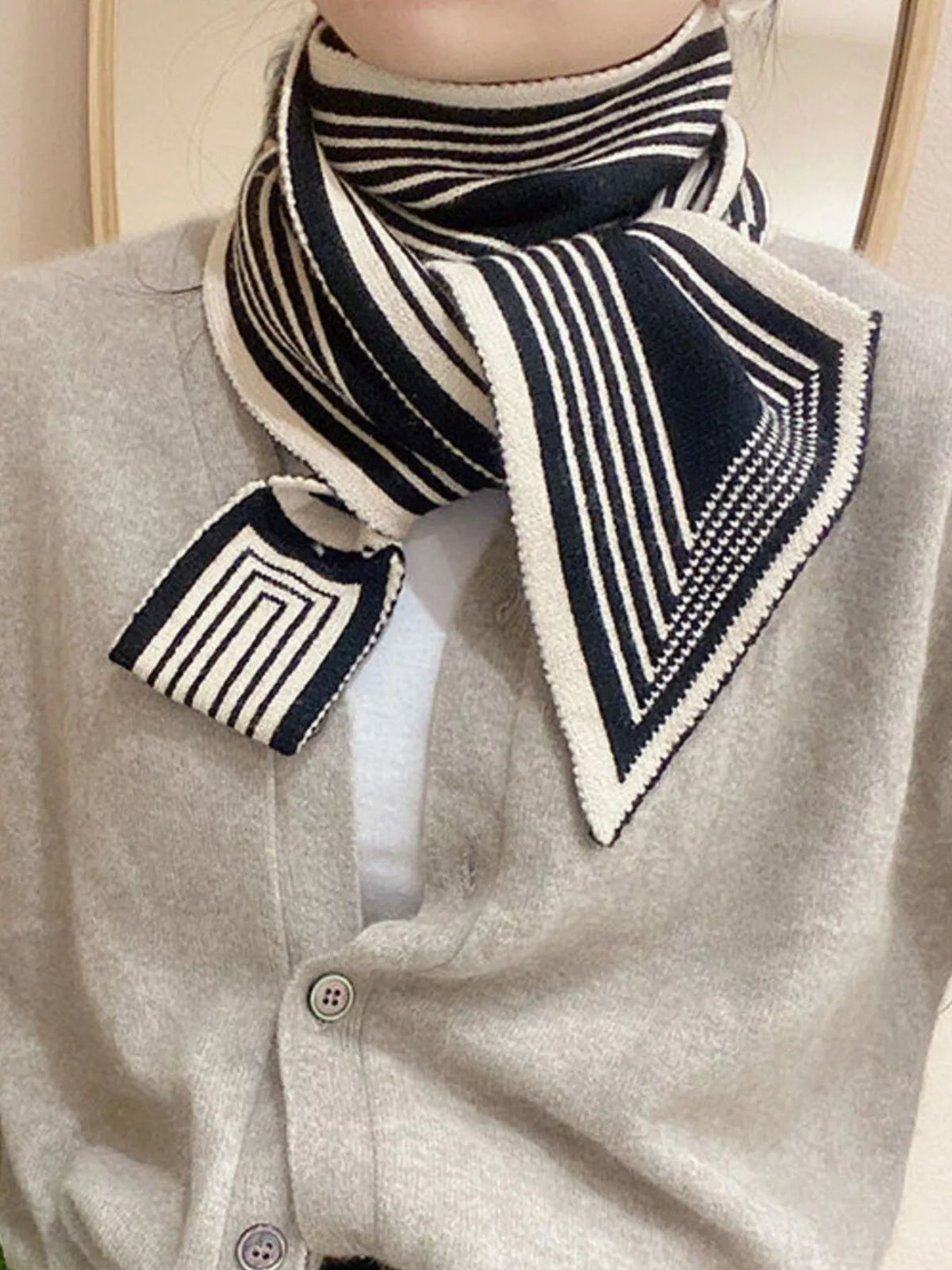 Black Striped Knitted Narrow Winter Scarf